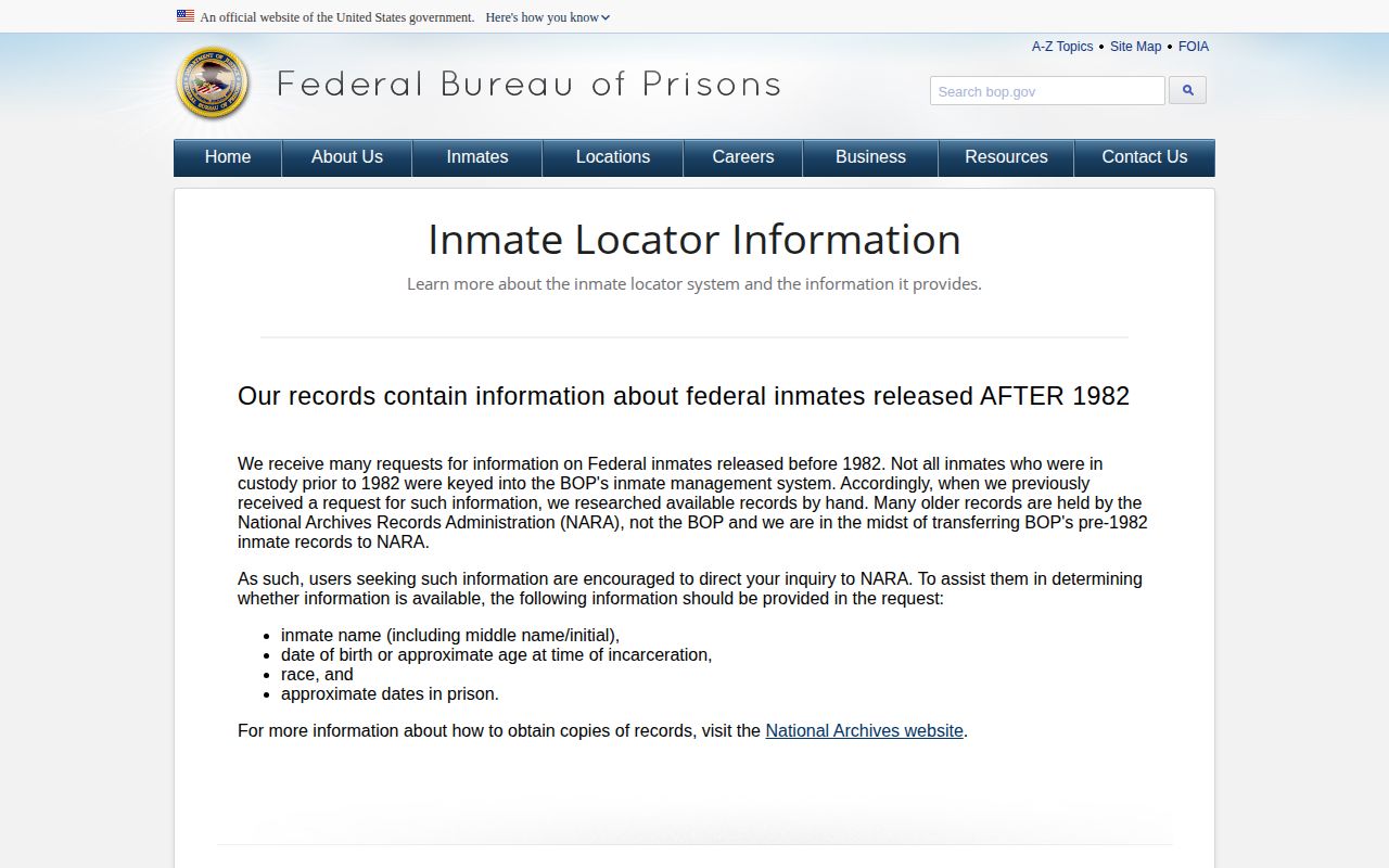 Federal Bureau of Prisons former inmate release record guidance for Brown County cases